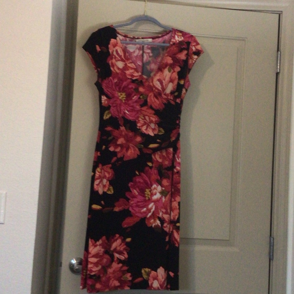 Evan Picone Black and Pink Floral Midi Dress